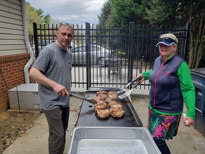As you can see, Eric and Vicki are hard at work cooking Pork Chops for Wednesday dinner( 24 dinners). Come on out and this Wednesday.